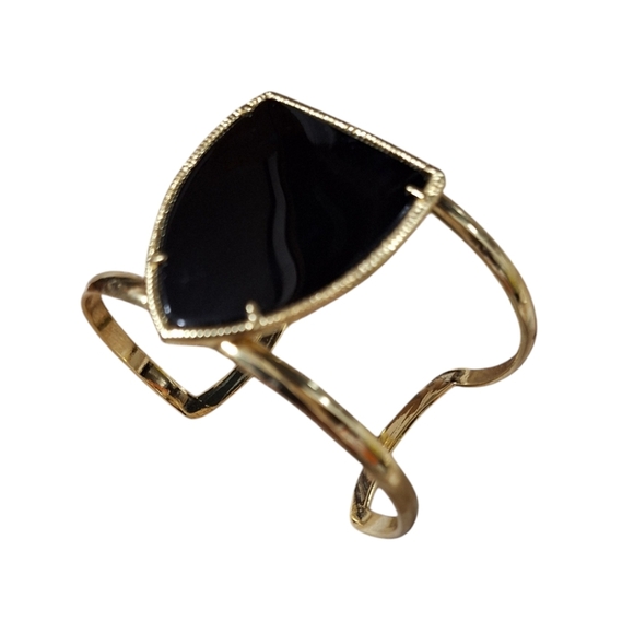 Vintage Signed Modernist Cuff Bracelet w/ Black Stone Gold Toned ATI BR CN - Picture 1 of 5